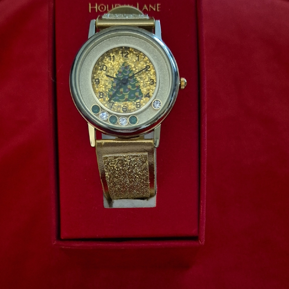 Gold Watch with Christmas Tree Design
